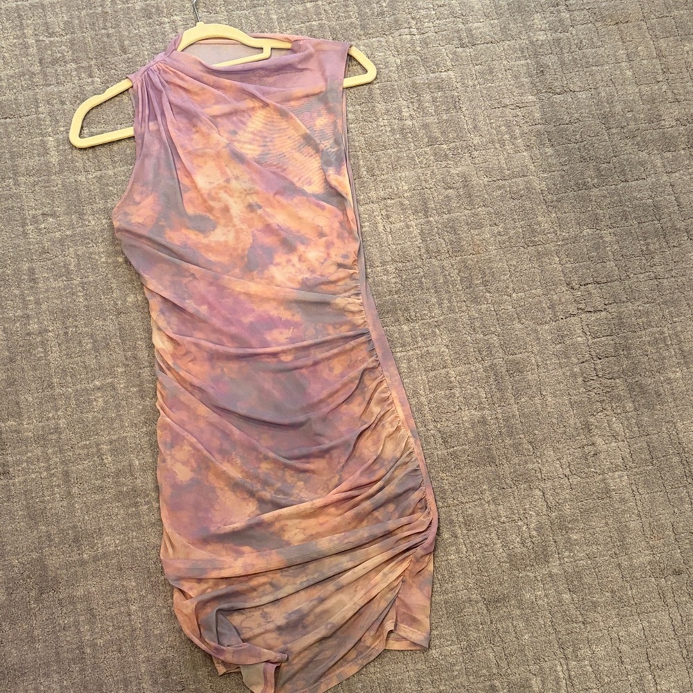 Zara One-Shoulder Ruched Tie-Dye Midi Dress in Purple and Peach